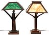 ARTS AND CRAFTS PERIOD SLAG GLASS AND OAK TABLE LAMPS, 2, H 22" 