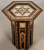DAMASCUS STYLE MARQUETRY INLAID HEXAGONAL TOP TABLE, H 19", L 14.5" 