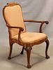 QUEEN ANNE STYLE CARVED WALNUT OPEN ARM CHAIR, H 37", W 29", D 24" 