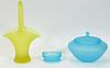 CONTEMPORARY SATIN GLASS COVERED DISH AND BASKET, 2 PCS. H 11", L 6.25", DIA 7" 
