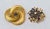 FORUM 14K GOLD, SAPPHIRE AND DIAMOND BROOCH AND A 18K GOLD AND SAPPHIRE BROOCH
