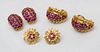 THREE PAIRS OF 14K GOLD AND RUBY EARCLIPS