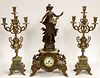 FRENCH ART NOUVEAU SPELTER AND GREEN ONYX MANTLE CLOCK SET, THREE PCS., H 25" 