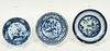 CHINESE SIGNED BLUE & WHITE PORCELAIN DISHES (3) DIA 12.5 MM, - 15 MM. 