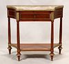 FRENCH REGENCY STYLE MAHOGANY AND BRONZE MARBLE TOP CONSOLE TABLE, H 34", L 38", D 16" 