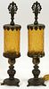 ANTIQUE, CAST METAL  TABLE LAMPS WITH CRACKLE GLASS SHADES, H 15.5" DIA 3.5" 