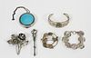 STERLING SILVER BROOCHES THREE, BRACELETS TWO, COMPACT 6 PCS. TW. 2.42  TROY OZ. 