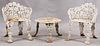 CAST IRON GARDEN CHAIRS & TABLE C. 1910, H 27", W 22" 