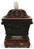 CHINESE, BRONZE & CARVED WOOD CENSER, JADE FINIAL, H 11", W 6", DIA 7.5" 