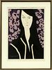 KIYOSHI SAITO (JAPANESE, 1907–1997), COLOR WOODCUT, 1964, H 21", W 14.75", "PANSY" 