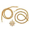 TWO GOLD ROPE NECKLACES & DIAMOND SCROLL BROOCH