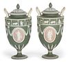 A Pair of Wedgwood Tri-Color Covered Urns Height 9 inches.