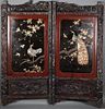 TWO JAPANESE CARVED WOOOD IVORY AND LACQUER PANEL