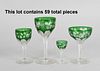 Large Set of Bohemian Stemware, Green Cut to Clear