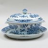 Chinese Export Blue and White Porcelain Silver Form Tureen, Cover and Stand