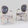 Pair of Louis XVI Style White Painted and Leather Fauteuils en Cabriolet