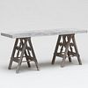 Gothic Revival Metal-Mounted Oak Trestle Table with a Later Stone Top