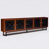 Large Mid-Century Modern Oak, Metal-Studded and Leather Credenza, possibly French