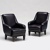 Pair of Jacques Quinet Style Brass-Mounted Ebonized and Leather Armchairs