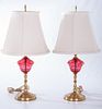 Ruby Cut To Clear Glass Table Lamps Pair