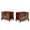 PAIR OF CHINESE LEATHER BOUND TRUNKS ON STAND