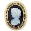 1870s Antique Hardstone Cameo Pearl 18K Gold Brooch Pendant