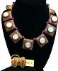 Vintage PATRICE Mother of Pearl w/ Brass Necklace & Fire Opal Clip Earrings