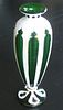 LARGE BOHEMIAN OVERLAY CUT TO GREEN VASE WITH WHITE ENAMEL