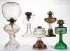 ASSORTED GLASS KEROSNE LAMPS, LOT OF FIVE,