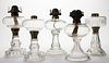 ASSORTED GLASS KEROSENE STAND LAMPS, LOT OF FIVE,