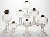 ASSORTED GLASS KEROSENE STAND LAMPS, LOT OF SEVEN,