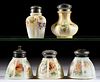 MT. WASHINGTON LOBED AND ENAMEL-DECORATED SALT AND PEPPER SHAKERS, LOT OF FIVE,