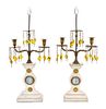 A Pair of Jasperware Inset Gilt Bronze and Alabaster Two-Light Candelabra, Height 23 3/4 inches.