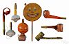 Eight German Halloween noise makers, to include horns and a tambourine.