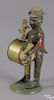 Gunthermann hand painted tin clockwork drummer with a dancing dog, 8 1/4'' h.