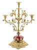 A Victorian Bronze Mounted Oxblood Porcelain Three-Light Candelabrum, Height 15 inches.