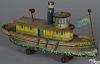 Paper lithograph over wood Sea Lark toy ship, the front flag inscribed L. M. B. Co.