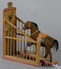 German painted pine horse stall with a horse pull toy, to include a rake, a lantern, a dust pan