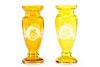 Pair of Amber Stag Motif Etched Glass Footed Vases