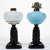 PATENTED OPAQUE GLASS KEROSENE STAND LAMPS, LOT OF TWO,
