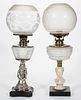 ASSORTED FIGURAL STEM AND FROSTED GLASS KEROSENE STAND LAMPS, LOT OF TWO,