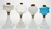 ASSORTED GLASS KEROSENE STAND LAMPS, LOT OF FOUR,