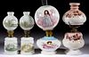 ASSORTED DECORATED OPAQUE GLASS MINIATURE LAMPS, LOT OF FOUR