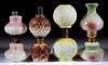 ASSORTED PATTERN AND DECORATED OPAQUE GLASS MINIATURE LAMPS, LOT OF FOUR