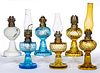 ASSORTED PATTERN COLORED GLASS MINIATUER STAND LAMPS, LOT OF SIX