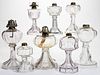 ASSORTED GLASS KEROSENE STAND LAMPS, LOT OF EIGHT,
