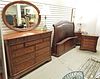 CONTEM 4 PC MAHOG BED SET 12 DRAWER DRESSER 79 1/2"H KING BED W/ LEATHER UPHOLS 56 1/2"H AND PR 4 DRAWER NIGHT STANDS 31"H X 30"W X 17"D AND 2 TABLE L