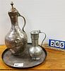 MID EAST SILVERED COPPER TRAY 17" DIAM, 18 1/2" PITCHER AND PEWTER PITCHER