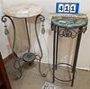 LOT 2 MARBLE TOP WROUGHT BASE SIDE TABLES-31"H X 13"DIAM, 29"H X 11 1/2"DIAM,