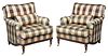 Pair Regency Style Plaid Upholstered Club Chairs